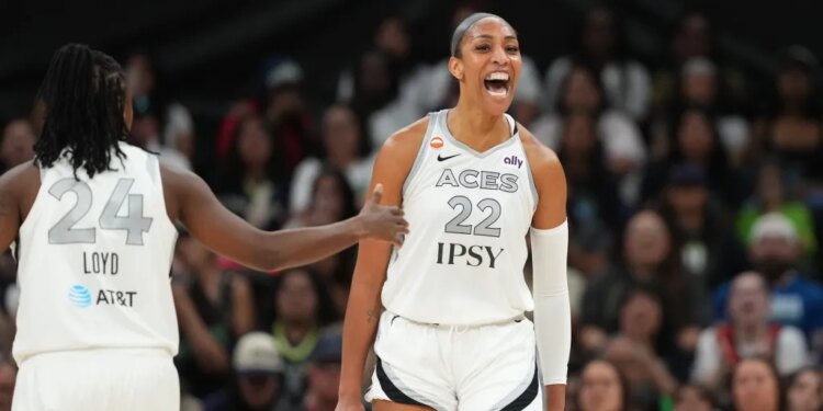 Las Vegas Aces center A’ja Wilson (22) reacts after scoring while drawing a foul.