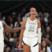 Las Vegas Aces center A’ja Wilson (22) reacts after scoring while drawing a foul.