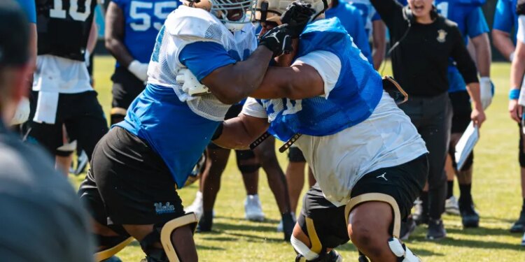 Two football players in protective headgear and blue and white jerseys practice against each other on a sunny field, surrounded by other players and a coach.