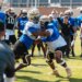Two football players in protective headgear and blue and white jerseys practice against each other on a sunny field, surrounded by other players and a coach.