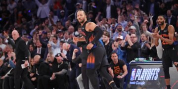 Jalen Brunson #11, after hitting a jump shot giving the Knicks a lead in the 4th quarter.