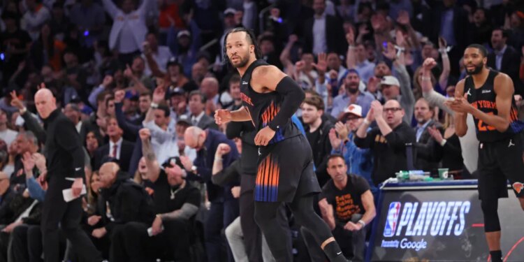Jalen Brunson #11, after hitting a jump shot giving the Knicks a lead in the 4th quarter.
