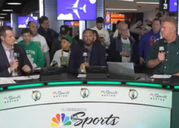 Brian Scalabrine on the set of the NBC Sports Boston postgame show