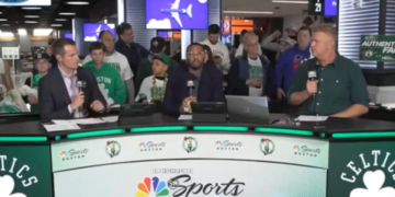 Brian Scalabrine on the set of the NBC Sports Boston postgame show