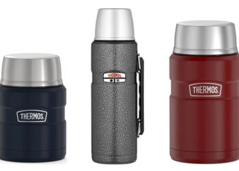 Collage of three Thermos brand insulated bottles: a dark blue food jar, a speckled gray beverage bottle, and a red food jar.
