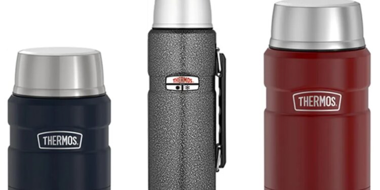 Collage of three Thermos brand insulated bottles: a dark blue food jar, a speckled gray beverage bottle, and a red food jar.