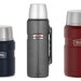 Collage of three Thermos brand insulated bottles: a dark blue food jar, a speckled gray beverage bottle, and a red food jar.