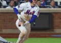New York Mets center fielder A.J. Ewing (9) triples during the seventh inning when the New York Mets played the Detroit Tigers Tuesday, May 12, 2026 at Citi Field in Queens, NY.