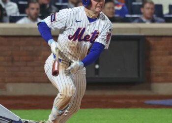 New York Mets center fielder A.J. Ewing (9) triples during the seventh inning when the New York Mets played the Detroit Tigers Tuesday, May 12, 2026 at Citi Field in Queens, NY.