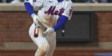 New York Mets center fielder A.J. Ewing (9) triples during the seventh inning when the New York Mets played the Detroit Tigers Tuesday, May 12, 2026 at Citi Field in Queens, NY.