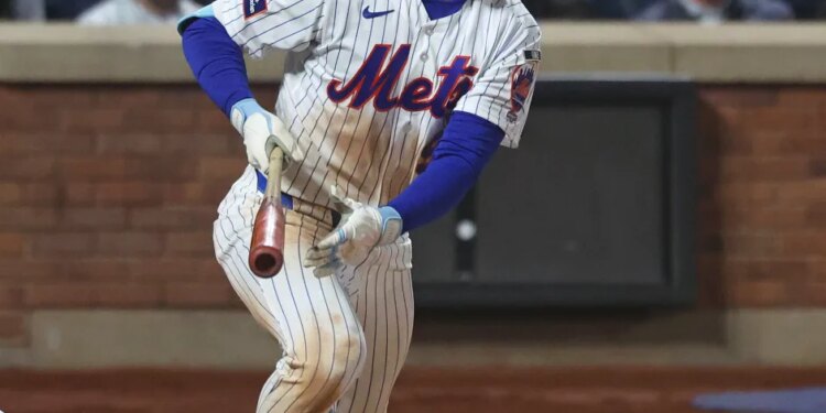 New York Mets center fielder A.J. Ewing (9) triples during the seventh inning when the New York Mets played the Detroit Tigers Tuesday, May 12, 2026 at Citi Field in Queens, NY.