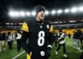 Pittsburgh Steelers quarterback Aaron Rodgers (8) leaves the field after an NFL wild-card playoff football game against the Houston Texans, Monday, Jan. 12, 2026, in Pittsburgh.