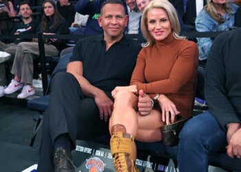 Timberwolves owner and former New York Yankee Alex Rodriguez and his girlfriend Jaclyn Cordeiro sit court side during the third quarter of a game against the New York Knicks on November 5, 2025.