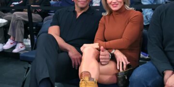 Timberwolves owner and former New York Yankee Alex Rodriguez and his girlfriend Jaclyn Cordeiro sit court side during the third quarter of a game against the New York Knicks on November 5, 2025.