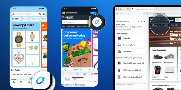 Along with using the search bar to talk to Alexa for Shopping, the cursive “a” indicates other places you can interact with the shopping assistant.