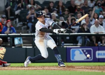 Anthony Volpe of the Somerset Patriots hitting an infield single.