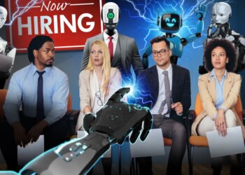 illustration four people sitting holding paper wit a red and white now hiring sign behind them and robots all around them