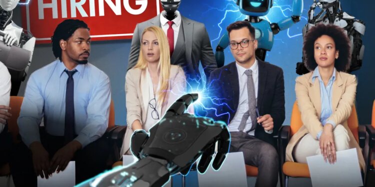 illustration four people sitting holding paper wit a red and white now hiring sign behind them and robots all around them