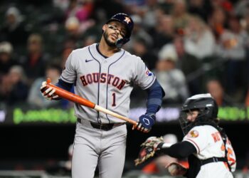 Houston Astros' Carlos Correa (1) reacts after striking out during the seventh inning of a baseball game against the Baltimore Orioles, Tuesday, April 28, 2026, in Baltimore.