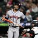 Houston Astros' Carlos Correa (1) reacts after striking out during the seventh inning of a baseball game against the Baltimore Orioles, Tuesday, April 28, 2026, in Baltimore.