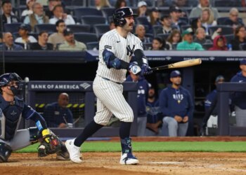 Yankees catcher Austin Wells (28) solo home run during the fifth inning when the New York Yankees played the Tampa Bay Rays Friday, May 22, 2026 at Yankee Stadium in the Bronx, NY.