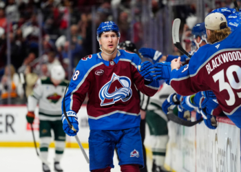 Colorado Avalanche player Martin Necas (88) celebrating a goal with his teammates during a game.