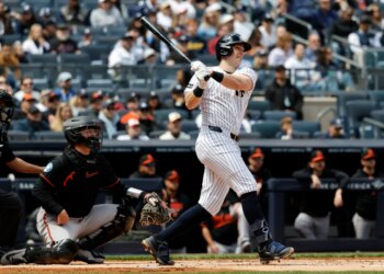 Yankees first baseman Ben Rice hits a home run against the Orioles on May 3, 2026.