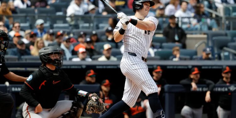 Yankees first baseman Ben Rice hits a home run against the Orioles on May 3, 2026.