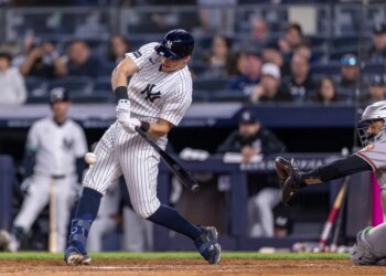 New York Yankees first baseman Ben Rice (22) hits a single in the eighth inning against the Baltimore Orioles at Yankee Stadium, Friday, May 1, 2026, in Bronx, NY.
