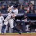 New York Yankees first baseman Ben Rice (22) hits a single in the eighth inning against the Baltimore Orioles at Yankee Stadium, Friday, May 1, 2026, in Bronx, NY.