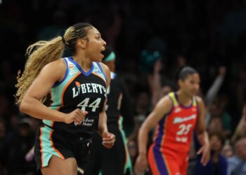 Betnijah Laney-Hamilton (44) reacts after scoring during the first half of a WNBA basketball game against the Phoenix Mercury at the Barclays Center in Brooklyn on Friday, May 29, 2026.