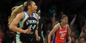 Betnijah Laney-Hamilton (44) reacts after scoring during the first half of a WNBA basketball game against the Phoenix Mercury at the Barclays Center in Brooklyn on Friday, May 29, 2026.