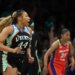 Betnijah Laney-Hamilton (44) reacts after scoring during the first half of a WNBA basketball game against the Phoenix Mercury at the Barclays Center in Brooklyn on Friday, May 29, 2026.