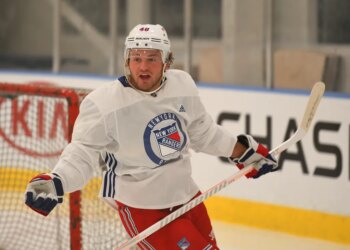 New York Rangers left wing Brendan Lemieux when the New York Rangers practiced Monday, Sept. 16, 2019, at their training facility in Greenburgh, New York.