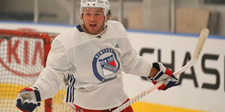 New York Rangers left wing Brendan Lemieux when the New York Rangers practiced Monday, Sept. 16, 2019, at their training facility in Greenburgh, New York.