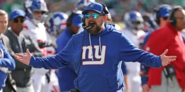 New York Giants head coach Brian Daboll reacts to a call during the second quarter.
