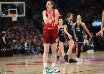 Caitlin Clark, who was held to six points, argues with a referee during the Fever's 100-84 loss to the Fire on May 30, 2026 in Portland, Ore.