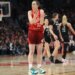 Caitlin Clark, who was held to six points, argues with a referee during the Fever's 100-84 loss to the Fire on May 30, 2026 in Portland, Ore.
