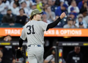 New York Yankees pitcher Cam Schlittler (31) reacting after ending the second inning during a baseball game.