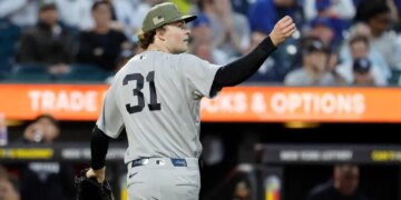 New York Yankees pitcher Cam Schlittler (31) reacting after ending the second inning during a baseball game.