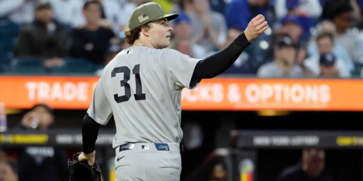 New York Yankees pitcher Cam Schlittler (31) reacting after ending the second inning during a baseball game.