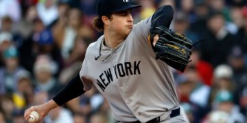 New York Yankees pitcher Cam Schlittler throws a pitch against the Boston Red Sox.
