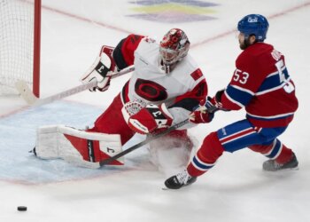 Carolina Hurricanes goalie Frederik Andersen makes a save against Montreal Canadiens' Noah Dobson during an NHL game.