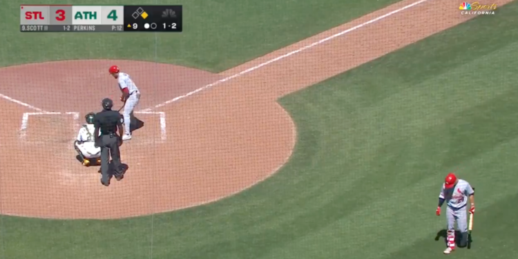Overhead shot of a baseball game in progress with the Athletics leading the Cardinals 4 to 3 in the 9th inning.