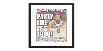 Framed New York Post front page with the headline "PARTY LIKE IT'S 1999!" and a photo of a Knicks player, with text "Knicks sweep Cavs for 1st trip to NBA Finals in 27 years."