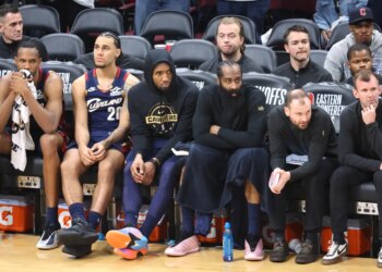 The Cleveland Cavaliers bench reacts to Game 4 of the Eastern Conference Final.