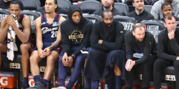 The Cleveland Cavaliers bench reacts to Game 4 of the Eastern Conference Final.