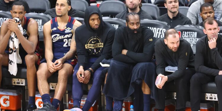 The Cleveland Cavaliers bench reacts to Game 4 of the Eastern Conference Final.