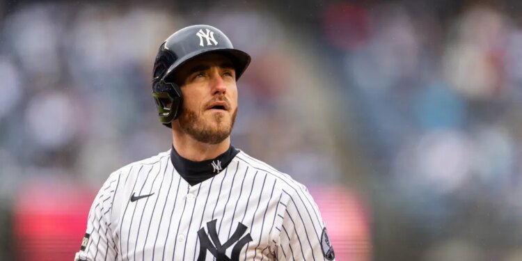 Yankees left fielder Cody Bellinger (35) reacts after he flies out during the second inning against the Tampa Bay Rays at Yankee Stadium, Sunday, May 24, 2026, in Bronx, NY.