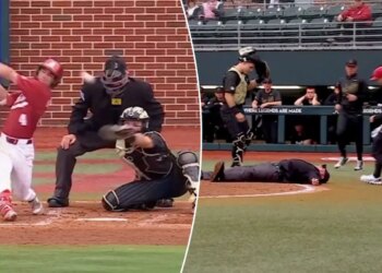 College baseball umpire knocked out of game by foul ball in terrifying scene